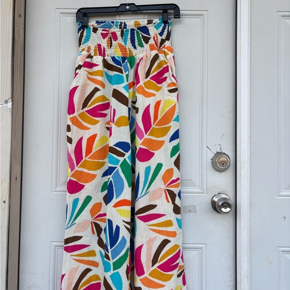 tabita brow Pants - Wide-Leg Multicolor Leaf-Print Smocked-Waist Pants